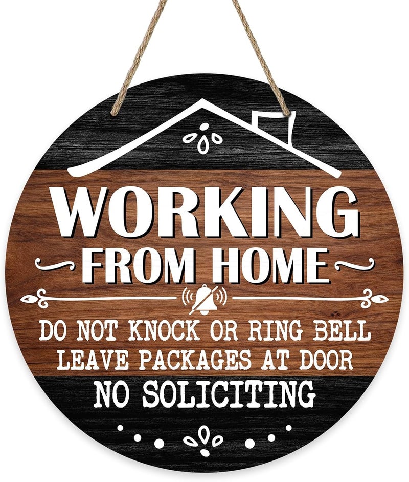 Deroro No Soliciting Front Door Sign, Working from Home Wood Door Hanger Outdoor Outside Porch Decor, Please Do Not Knock Farmhouse Rustic Wooden Wreath Indoor Wall Hanging Decoration - Image 1